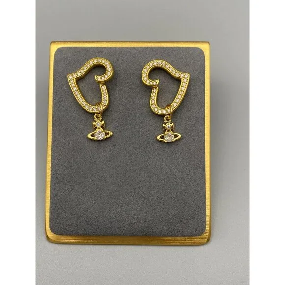 Vivienne Westwood Gold Pave Heart Earrings W/ CZ Orb & Dust Bag